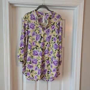 Yellow Floral V-Neck Blouse with Purple Print